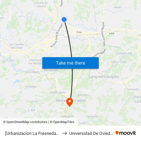 [Urbanización La Fresneda]  Plaza Central [Cta 02347] to Universidad De Oviedo: Campus De Mieres map