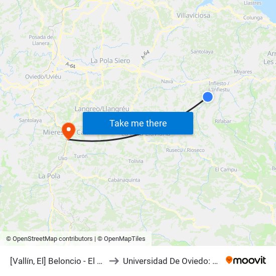 [Vallín, El]  Beloncio - El Llano [Cta 03804] to Universidad De Oviedo: Campus De Mieres map