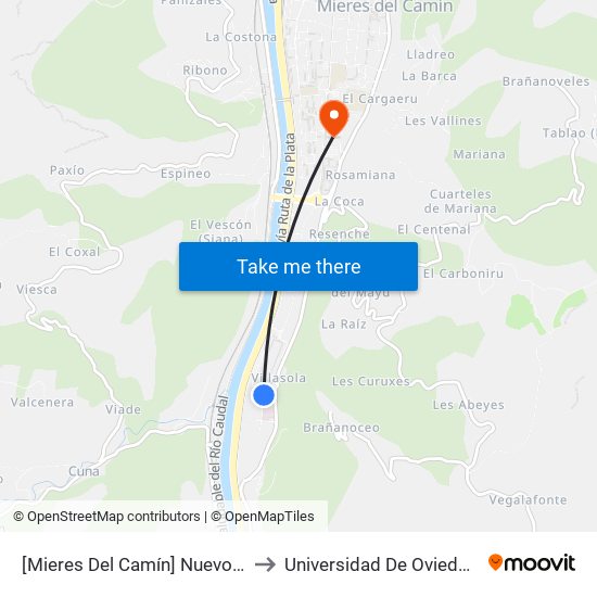 [Mieres Del Camín]  Nuevo Santullano [Cta 06167] to Universidad De Oviedo: Campus De Mieres map