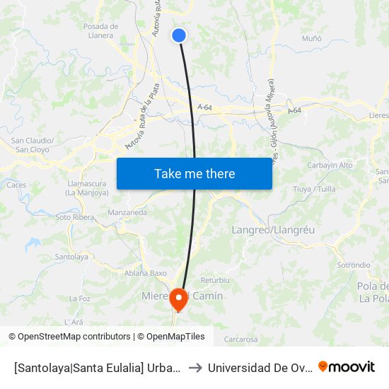 [Santolaya|Santa Eulalia]  Urbanización Soto De Llanera 2 [Cta 07297] to Universidad De Oviedo: Campus De Mieres map