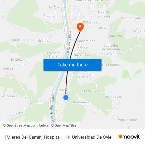 [Mieres Del Camín]  Hospital Álvarez-Buylla [Cta 16745] to Universidad De Oviedo: Campus De Mieres map