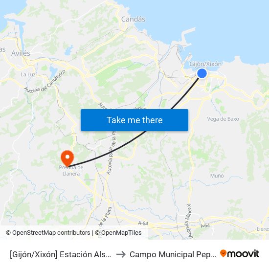 [Gijón/Xixón]  Estación Alsa [Cta 00784] to Campo Municipal Pepe Quimarán map