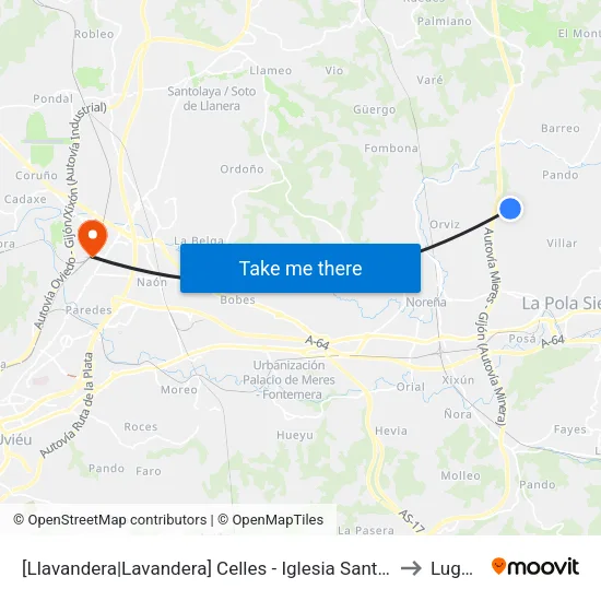 [Llavandera|Lavandera]  Celles - Iglesia Santianes [Cta 15701] to Lugones map
