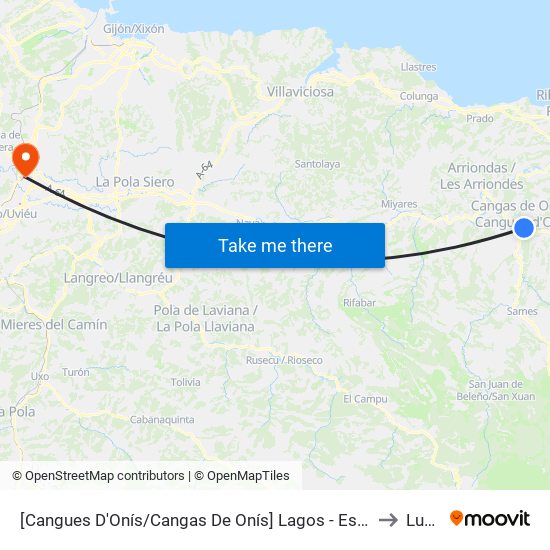 [Cangues D'Onís/Cangas De Onís]  Lagos - Estación Bus Cangas De Onís [Cta 21419] to Lugones map