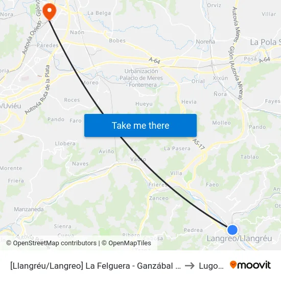 [Llangréu/Langreo]  La Felguera - Ganzábal [Cta 00419] to Lugones map