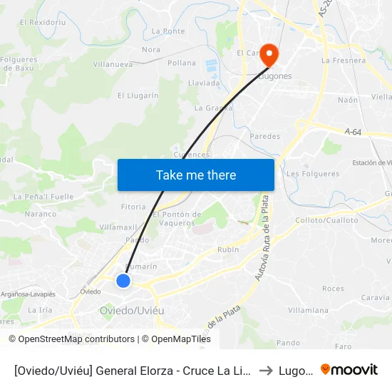 [Oviedo/Uviéu]  General Elorza - Cruce La Lila [Cta 02060] to Lugones map