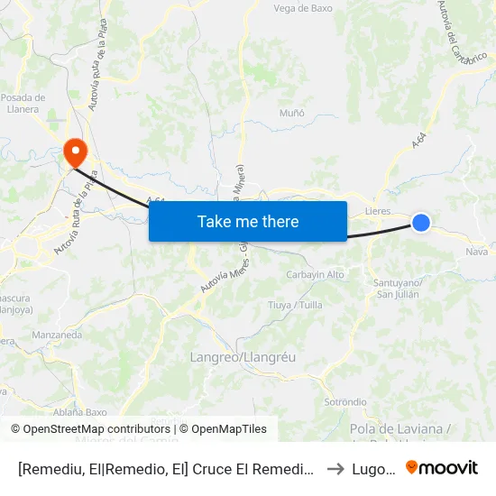[Remediu, El|Remedio, El]  Cruce El Remediu [Cta 02148] to Lugones map