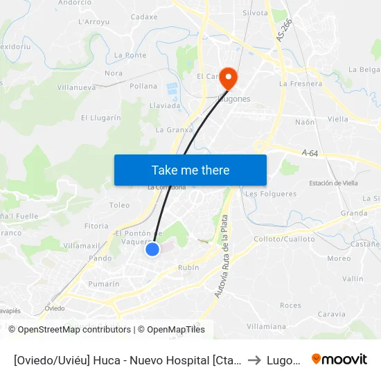 [Oviedo/Uviéu]  Huca - Nuevo Hospital [Cta 16751] to Lugones map