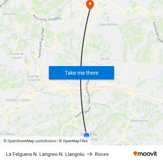 La Felguera N. Langreo-N. Llangréu to Roces map
