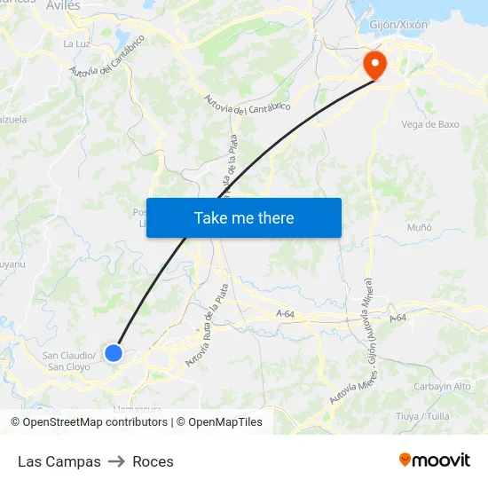 Las Campas to Roces map