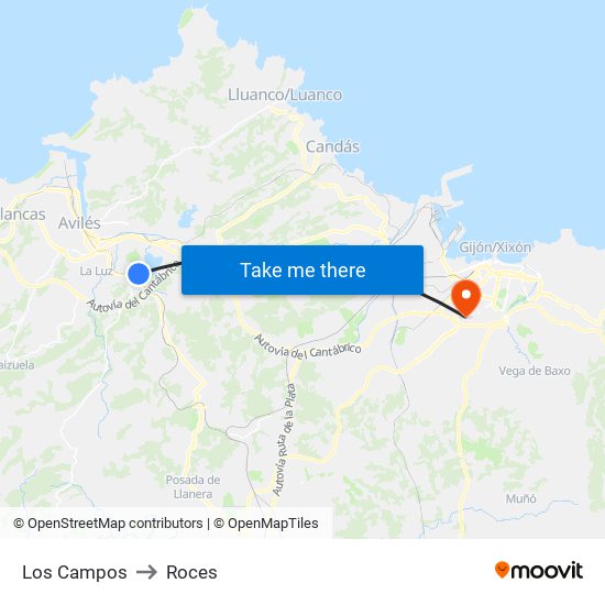 Los Campos to Roces map