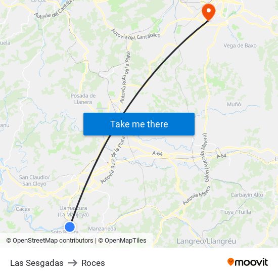 Las Sesgadas to Roces map