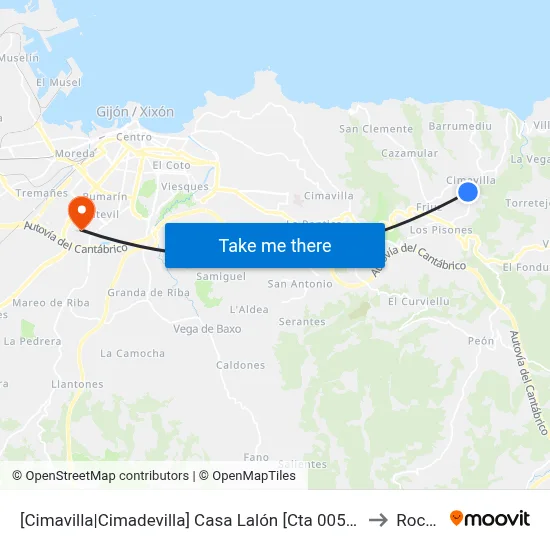 [Cimavilla|Cimadevilla]  Casa Lalón [Cta 00526] to Roces map