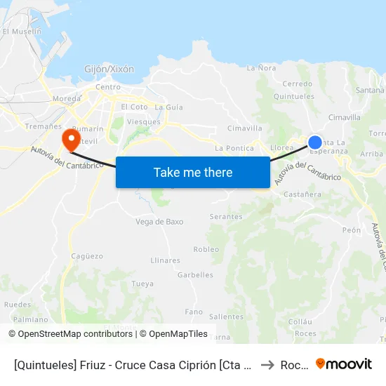 [Quintueles]  Friuz - Cruce Casa Ciprión [Cta 00542] to Roces map