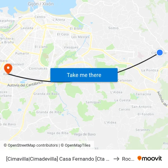 [Cimavilla|Cimadevilla]  Casa Fernando [Cta 00557] to Roces map