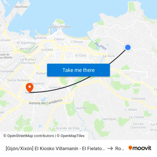 [Gijón/Xixón]  El Kiosko Villamanín - El Fielato [Cta 00566] to Roces map