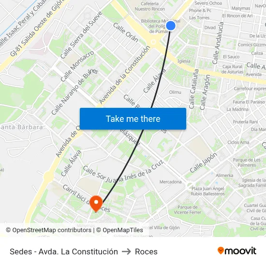 Sedes - Avda. La Constitución to Roces map