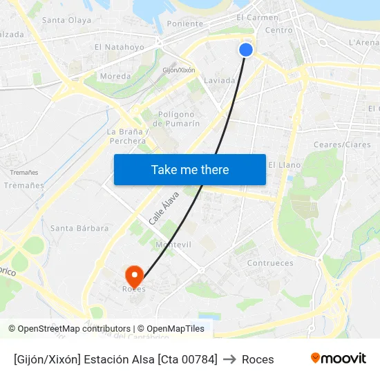 [Gijón/Xixón]  Estación Alsa [Cta 00784] to Roces map