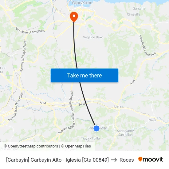 [Carbayín]  Carbayín Alto - Iglesia [Cta 00849] to Roces map