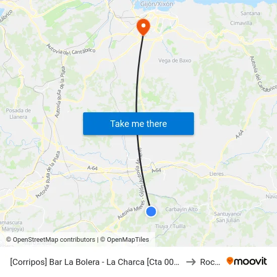 [Corripos]  Bar La Bolera - La Charca [Cta 00874] to Roces map