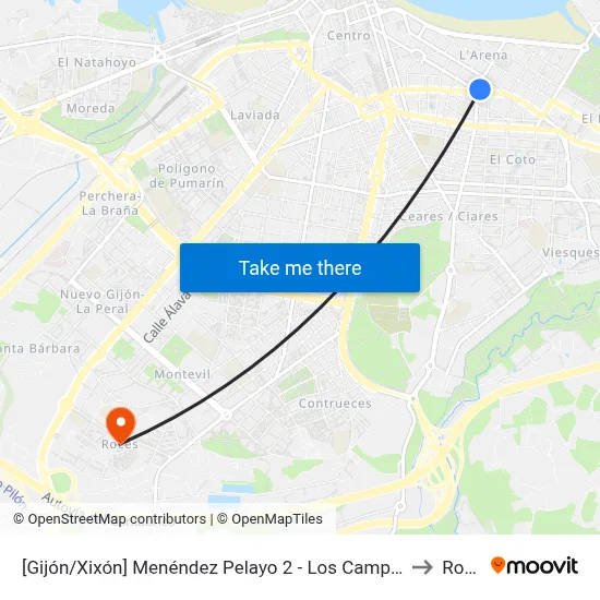 [Gijón/Xixón]  Menéndez Pelayo 2 - Los Campos [Cta 01559] to Roces map