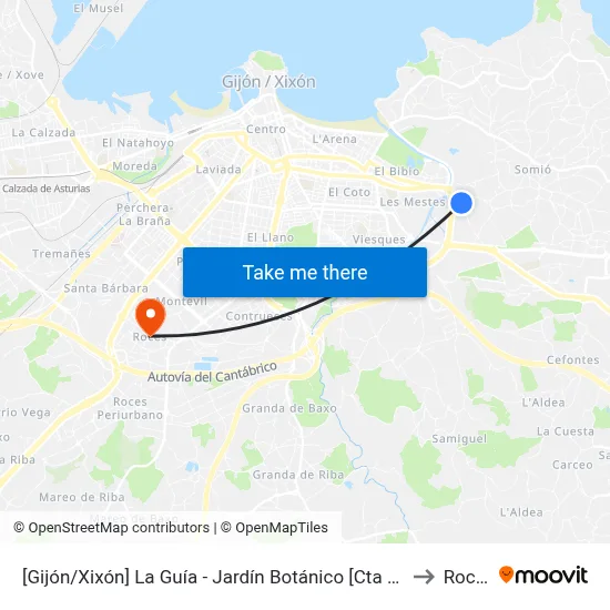 [Gijón/Xixón]  La Guía - Jardín Botánico [Cta 01900] to Roces map