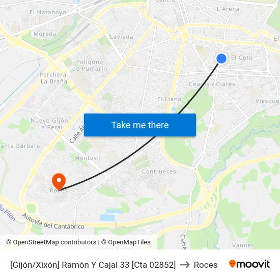 [Gijón/Xixón]  Ramón Y Cajal 33 [Cta 02852] to Roces map
