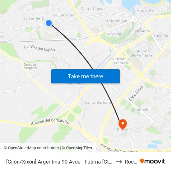 [Gijón/Xixón]  Argentina 90 Avda - Fátima [Cta 02929] to Roces map
