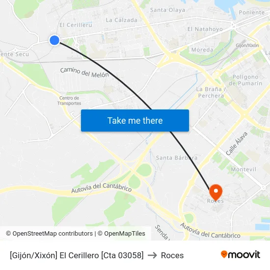 [Gijón/Xixón]  El Cerillero [Cta 03058] to Roces map