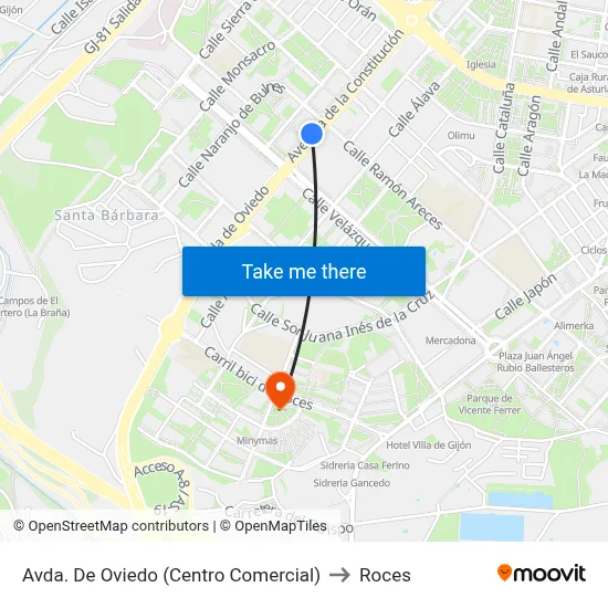 Avda. De Oviedo (Centro Comercial) to Roces map