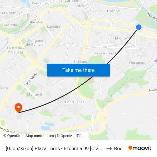 [Gijón/Xixón]  Plaza Toros - Ezcurdia 99 [Cta 06582] to Roces map