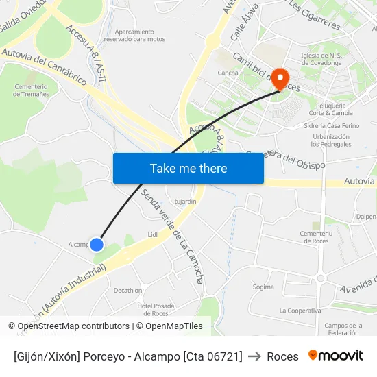 [Gijón/Xixón]  Porceyo - Alcampo [Cta 06721] to Roces map