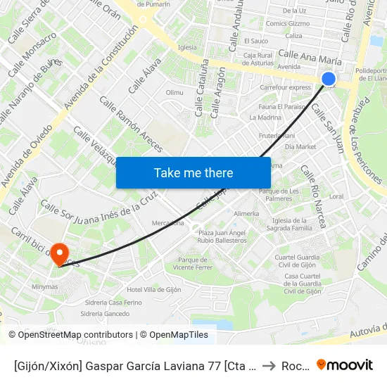 [Gijón/Xixón]  Gaspar García Laviana 77 [Cta 07418] to Roces map