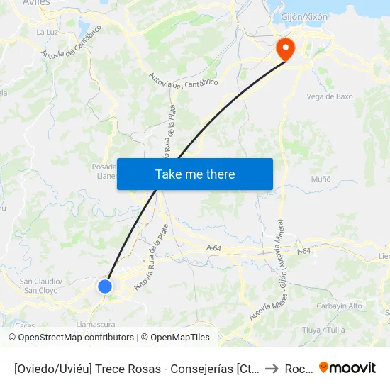 [Oviedo/Uviéu]  Trece Rosas - Consejerías [Cta 07420] to Roces map