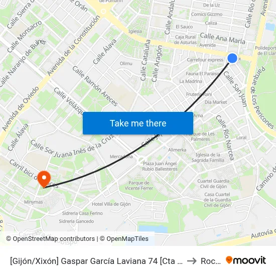 [Gijón/Xixón]  Gaspar García Laviana 74 [Cta 07427] to Roces map