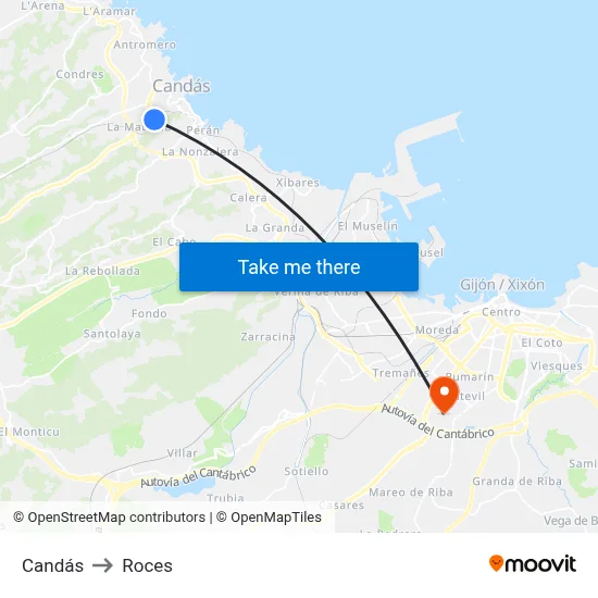 Candás to Roces map
