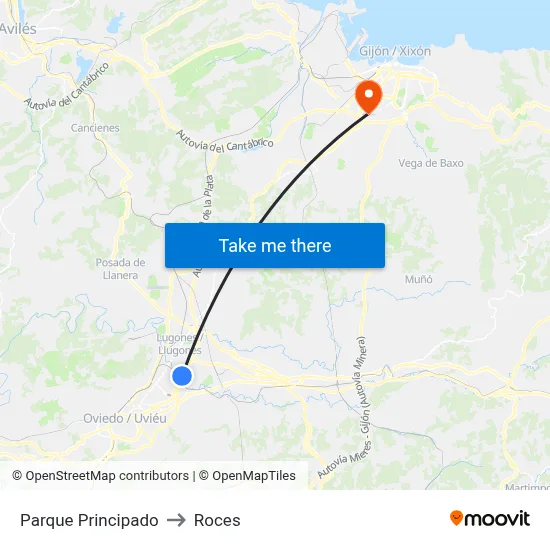 Parque Principado to Roces map