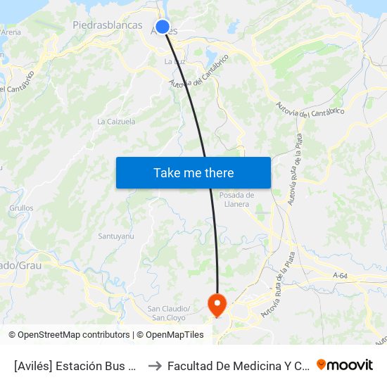 [Avilés]  Estación Bus Avilés [Cta 00161] to Facultad De Medicina Y Ciencias De La Salud map