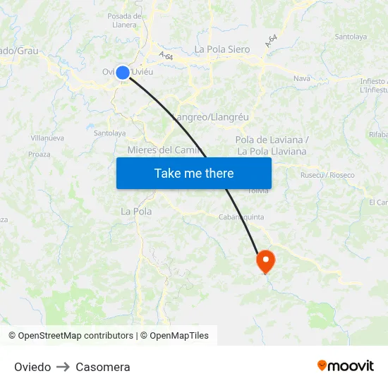 Oviedo to Casomera map