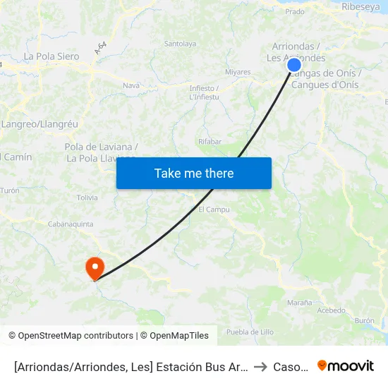 [Arriondas/Arriondes, Les]  Estación Bus Arriondas [Cta 03829] to Casomera map