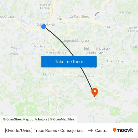 [Oviedo/Uviéu]  Trece Rosas - Consejerías [Cta 07420] to Casomera map