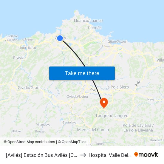 [Avilés]  Estación Bus Avilés [Cta 00161] to Hospital Valle Del Nalón map