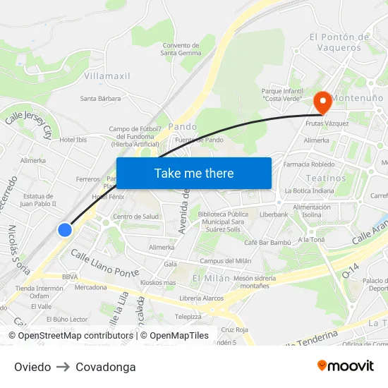 Oviedo to Covadonga map