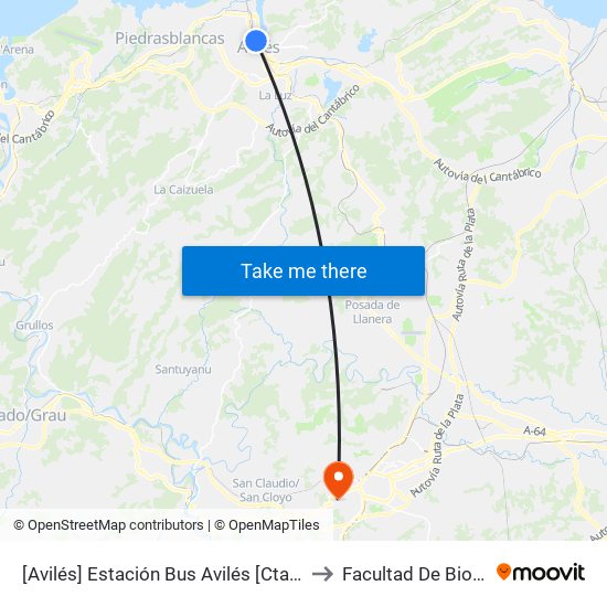 [Avilés]  Estación Bus Avilés [Cta 00161] to Facultad De Biología map