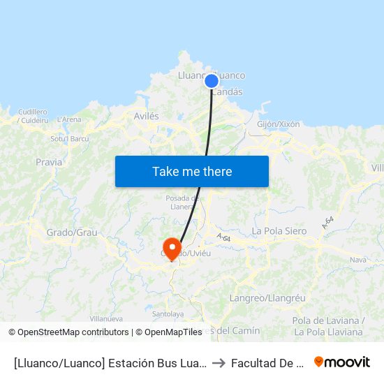 [Lluanco/Luanco]  Estación Bus Luanco [Cta 00299] to Facultad De Biología map
