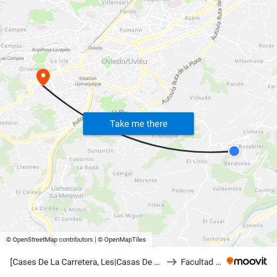 [Cases De La Carretera, Les|Casas De La Carretera]  Bendones 1 [Cta 01239] to Facultad De Biología map