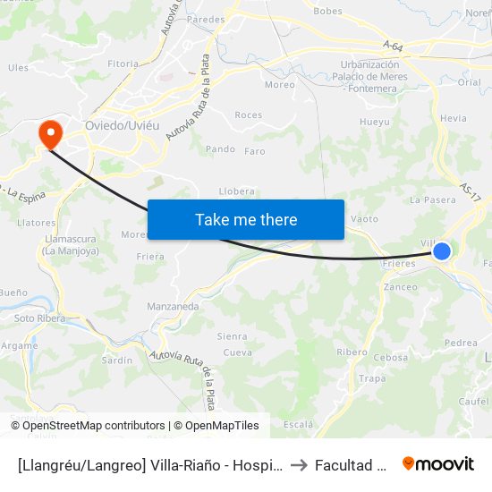 [Llangréu/Langreo]  Villa-Riaño - Hospital Valle Del Nalón [Cta 01296] to Facultad De Biología map