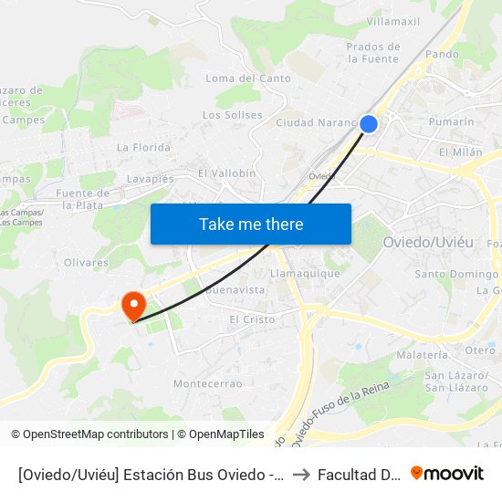 [Oviedo/Uviéu]  Estación Bus Oviedo - Pepe Cosmen [Cta 01549] to Facultad De Biología map