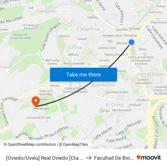 [Oviedo/Uviéu]  Real Oviedo [Cta 01601] to Facultad De Biología map