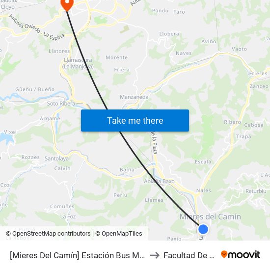 [Mieres Del Camín]  Estación Bus Mieres [Cta 07991] to Facultad De Biología map